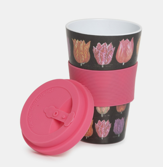 koffie mok to go tulpen zwart-roze