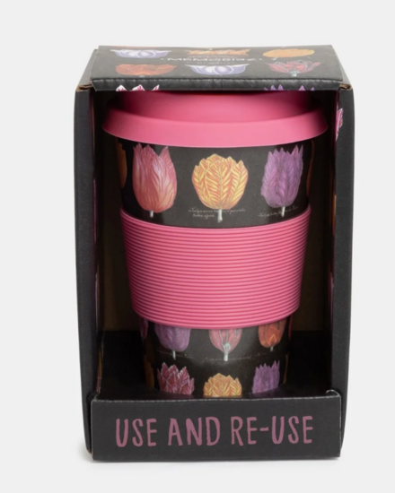 koffie mok to go tulpen zwart-roze