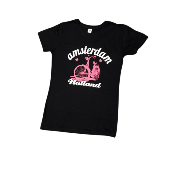 T-shirt zwart Amsterdam roze fiets dames