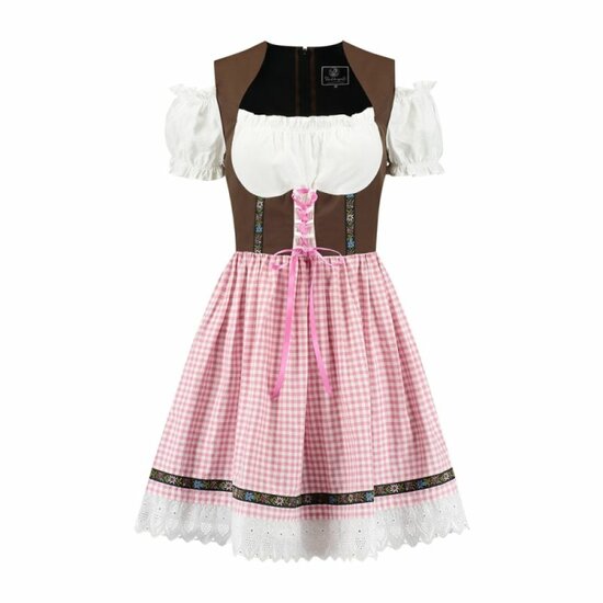 Dirndl Jurk - Rosi - Bruin-Roze Geblokt - Dames