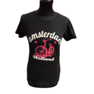 T-shirt zwart Amsterdam roze fiets dames